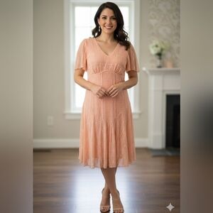 Rabbit Rabbit Rabbit Peach Lace V-Neck Dress 14P New With Tags Special Occassion